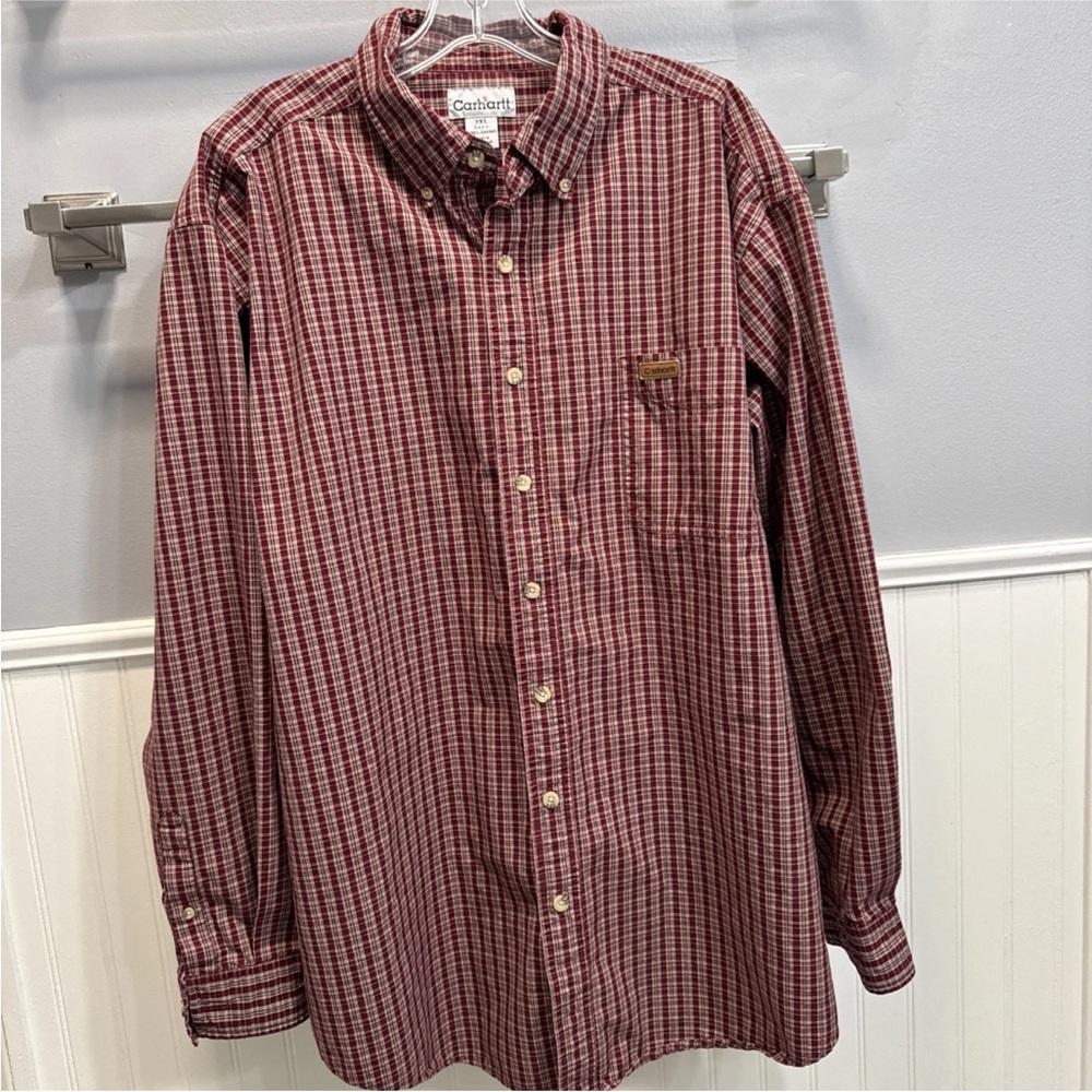 Carhartt Men’s Burgundy Plaid Button-Down Shirt